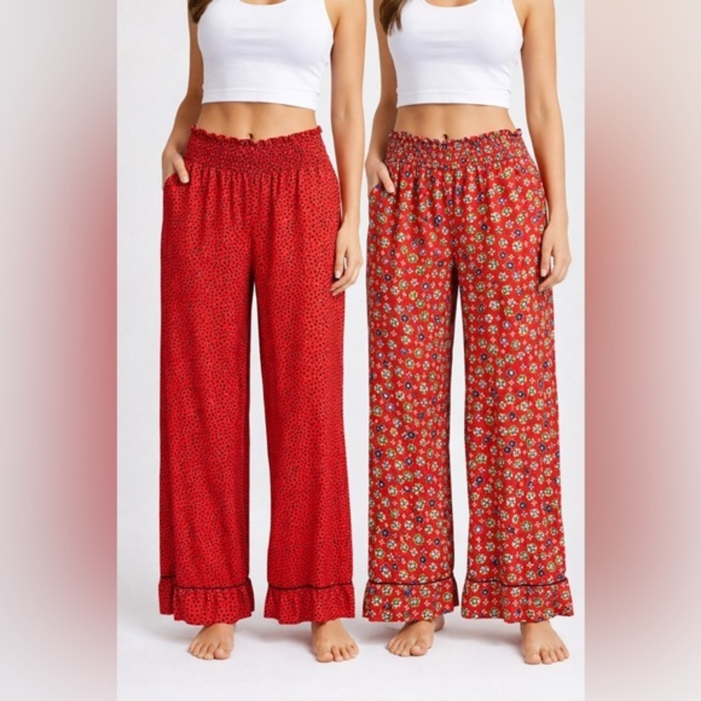 Bundle Aerie XL Lounge Pants 2 Pairs Red Polka Dot & Floral Smocked Wide Leg